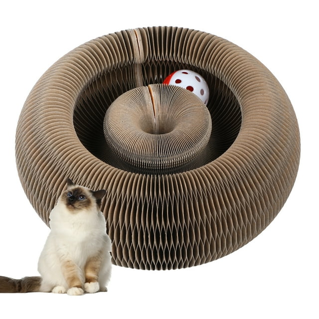 Vivifying Dream Magic Organ Cat Scratching Board, Interactive Scratch Pad with a Ball, Cat Scratcher for Grinding Claw, Recyclable and Durable, Furniture Protector, Retractable, Brown, Reversible