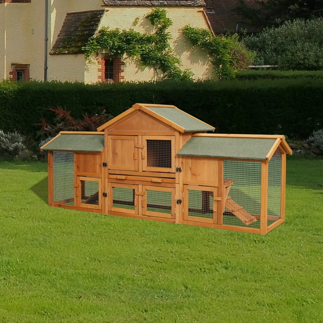 Vivifying 79.5" Chicken Coops Rabbit Hutch Bunny Cage with Pull Out Tray, Ramp, Lockable Doors,Two Run Cage Outdoor Wooden Small Animal House Two Tier Waterproof Roof