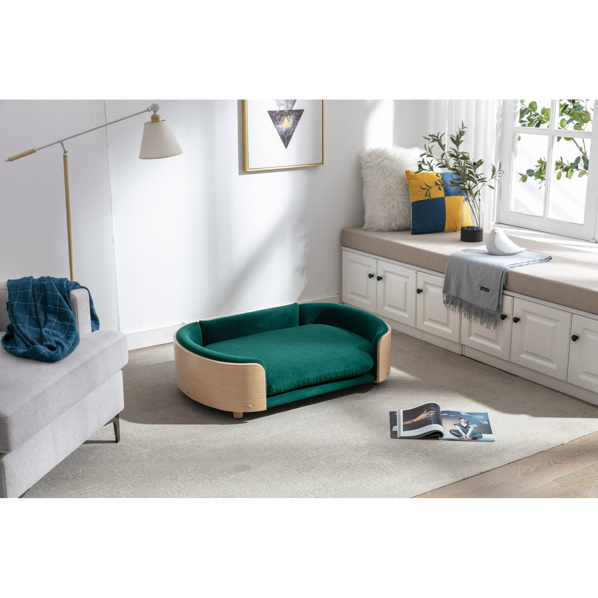 Vivifying Dog Bed Pet Sofa With Solid Wood legs and Bent Wood Back, Velvet Cushion,Large Size