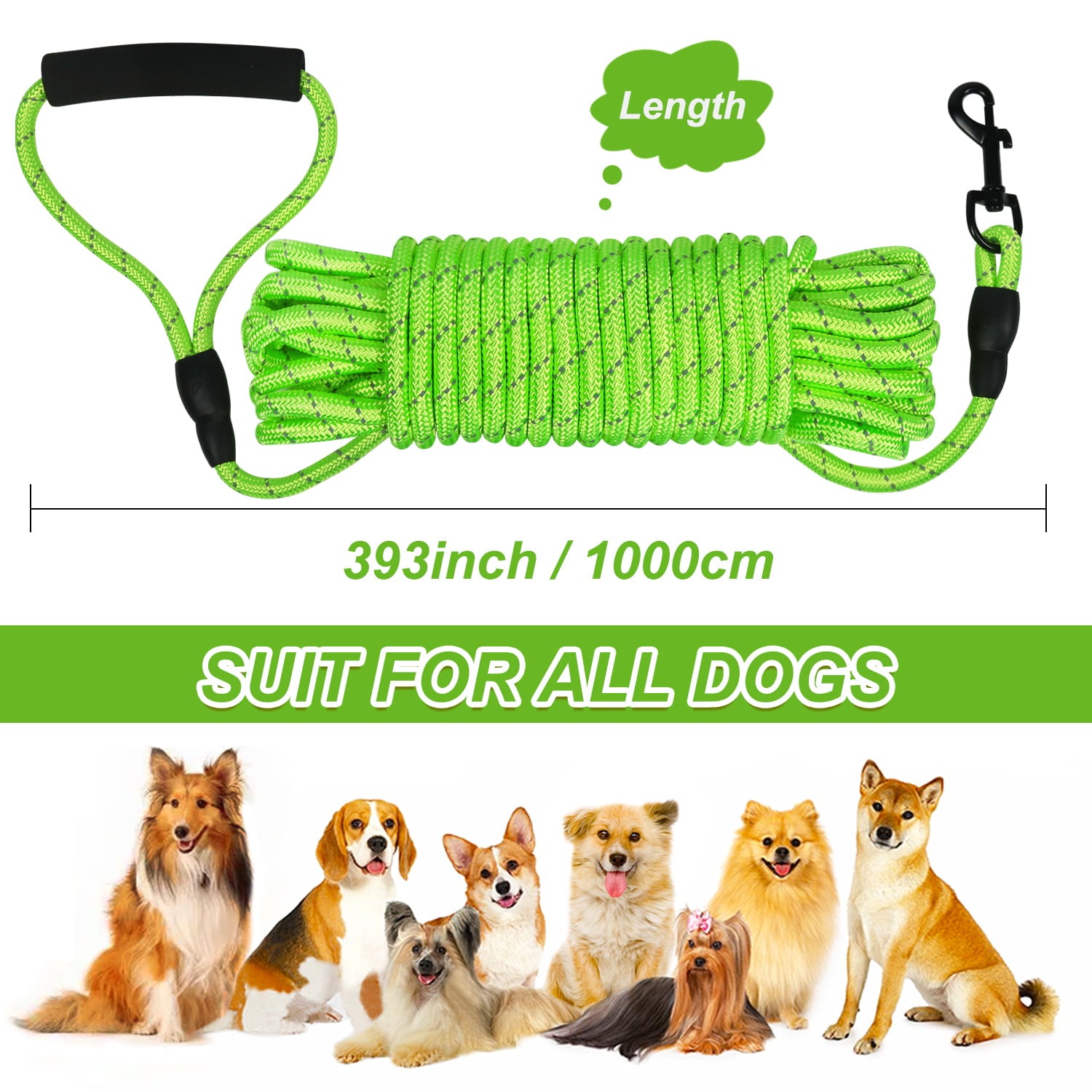 Vivifying Long Leash for Dogs Outside, 32ft Reflective Dog Training Leash for Camping and Hiking, Floating Long Rope Lead with Soft Handle for Swimming and Beach (Green) Can See in The Dark