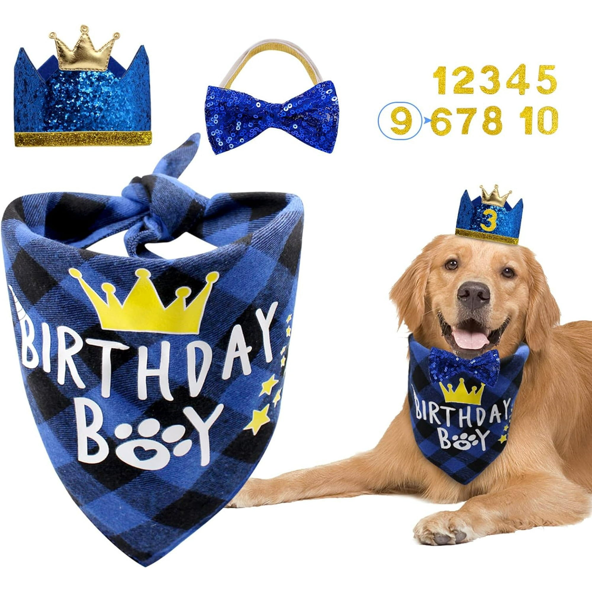 Dog Birthday Party Supplies, Boy Dog Birthday Bandana Set with Cute Dog Bow Tie, Crown Hat with Numbers for Small Medium Large Dogs, Blue Dog Birthday Outfit (Blue)