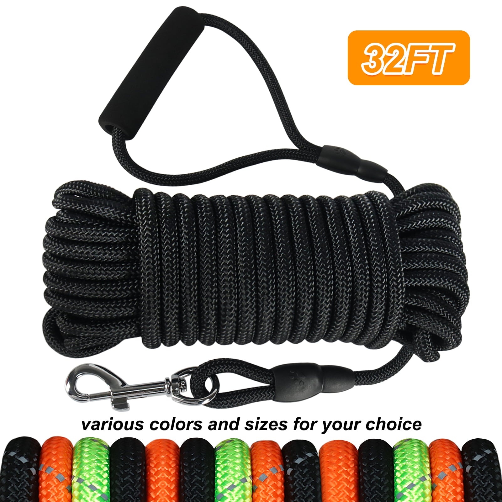 Dog Check Cord, 32FT/10M Floatable Long Dog Training Rope with Soft Handle for Camping, Playing，Backyard, Beach and Lake (Black)