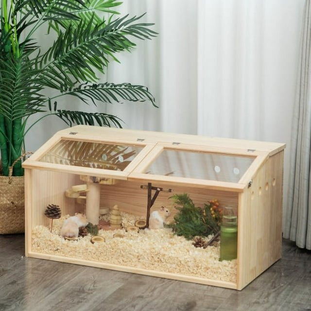 Middle Transparent Wooden Hamster Cage 15.83H, Small Animal Habitat Hutch for Large Siberian Hamster,Gerbils,Little Rabbits, Pine + Acrylic