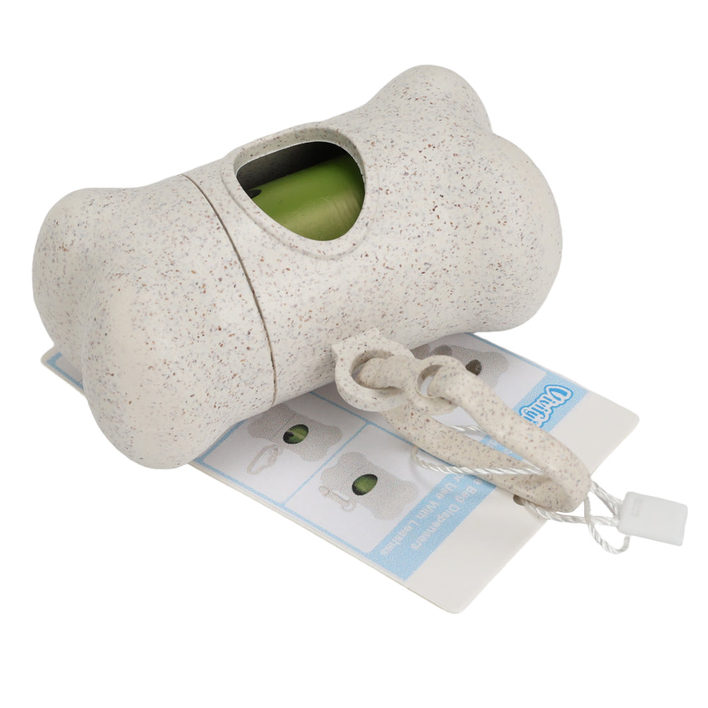 Bone-Shaped Dog Waste Bag Dispenser with Clip – Eco-Friendly Wheat Straw Material with 0.9 Mil Green Degradable Poop Bags, Portable Dog Poop Bag Holder for Leash, Walks & Travel