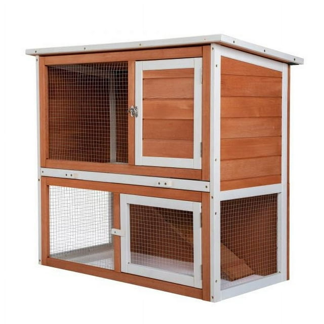 Vivifying 2-Tier Wood Rabbit Hutch, Outdoor Bunny Cage for Small Animals, Wooden Enclosure for Multiple Pets, Orange