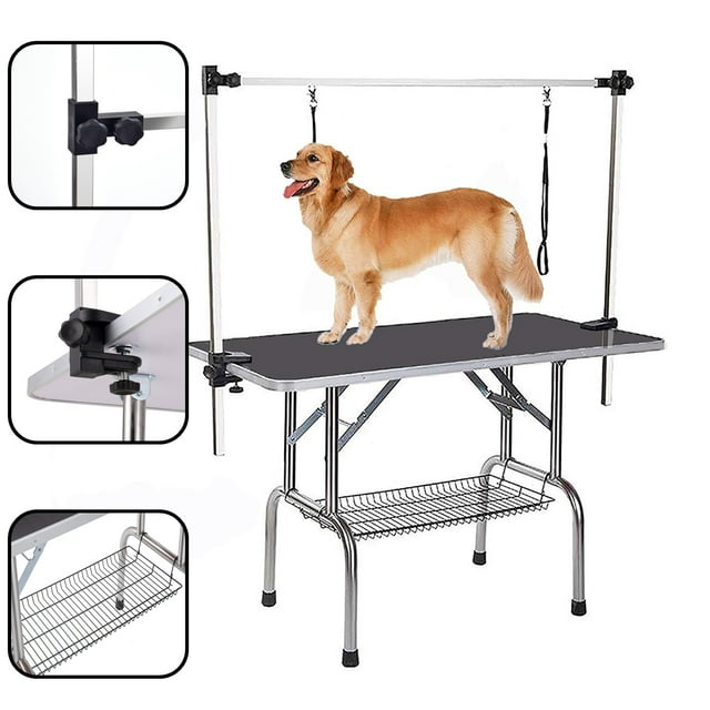 Vivifying 30 INCH Pet Grooming Table Stainless Legs and Arms Black Rubber Top Storage Basket