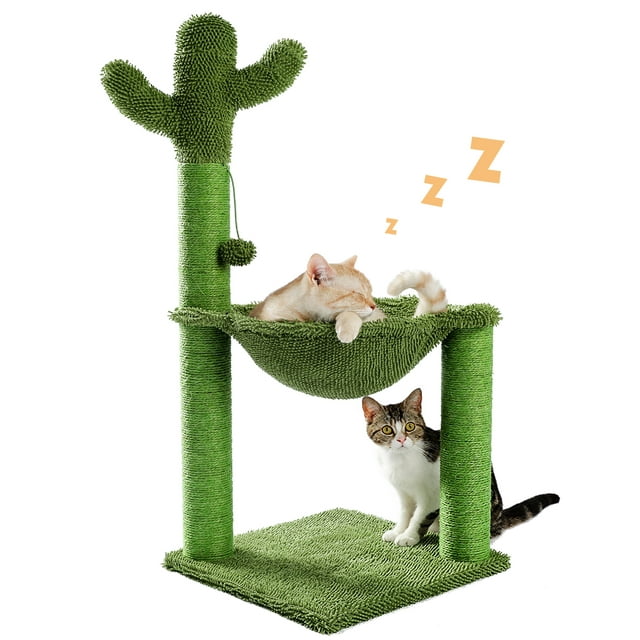 Vivifying 37 inch Cactus Cat Tree Cat Scratching Post with Hammock Play Tower, Full Wrapped Sisal Scratching Post for Indoor Small Cats, Green
