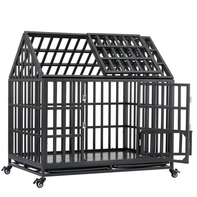 Vivifying 44.5" Heavy Duty Dog Crate Large Dog Cage Strong Metal Dog Kennels and Crates for Large Dogs with 4 Lockable Wheels, Easy to Assemble, Black
