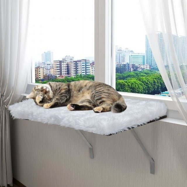 Vivifying Cat Window Perch, Wall-mounted Cat Seat with Soft Cushion and Supporting Feet, White