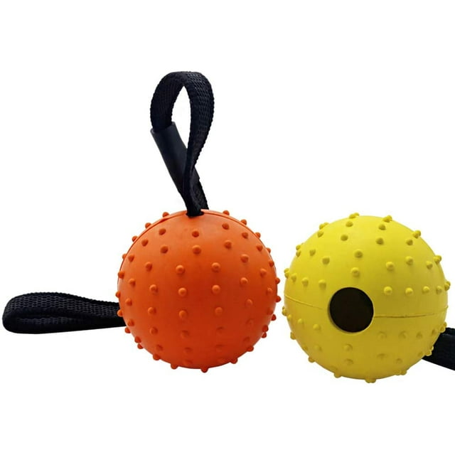 Vivifying Dog Ball on a Rope, 2 Pack Natural Interactive Rubber Ball for Fetch, Catch, Throw, Training and Tug of War (Orange + Yellow)
