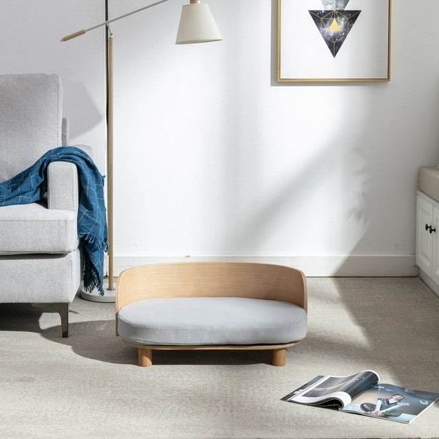 Vivifying Dog Bed Pet Sofa With Solid Wood legs and Bent Wood Back, Velvet Cushion, Walnut