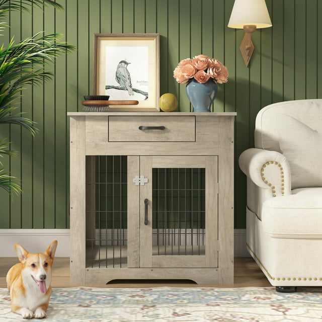 Vivifying Dog Crate Furniture, Wooden Dog House, Decorative Dog Kennel with Drawer, Indoor Pet Crate End Table for Small Dog, Steel-Tube Dog Cage, Chew-Proof, R Grey，29.92”w x 24.80” d x 30.71”H