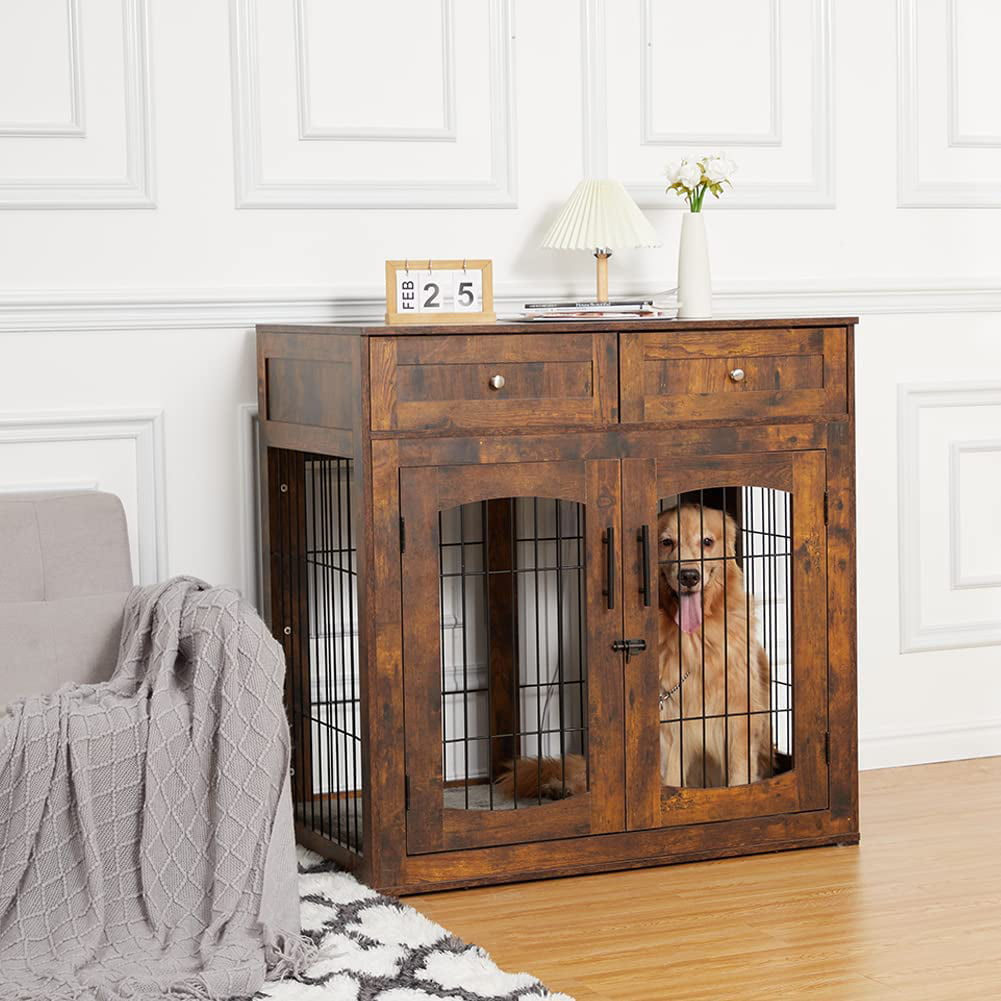 Vivifying Dog Crates, Indoor Pet Crate End Tables Decorative Wooden Kennels with Removable Trays(Rustic Brown,32.28’’W*22.83’’D*33.46’’H)