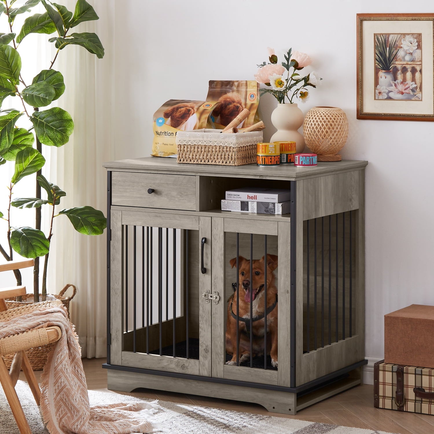 Vivifying Dog crates, indoor pet crate end tables, decorative wooden kennels with removable trays.(Grey,32.28’’W*22.83’’D*33.46’’H)
