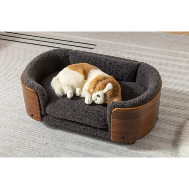 Vivifying Elevated Dog Bed Pet Sofa With Solid Wood legs and Walnut Bent Wood Back, Cashmere Cushion,Small Size