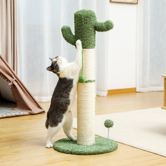 Vivifying Indoor Cactus Cat Scratcher 33.5" –Cactus style Natural Sisal Large Cat Tree Post with Teaser Ball Cat Toy, White&Green