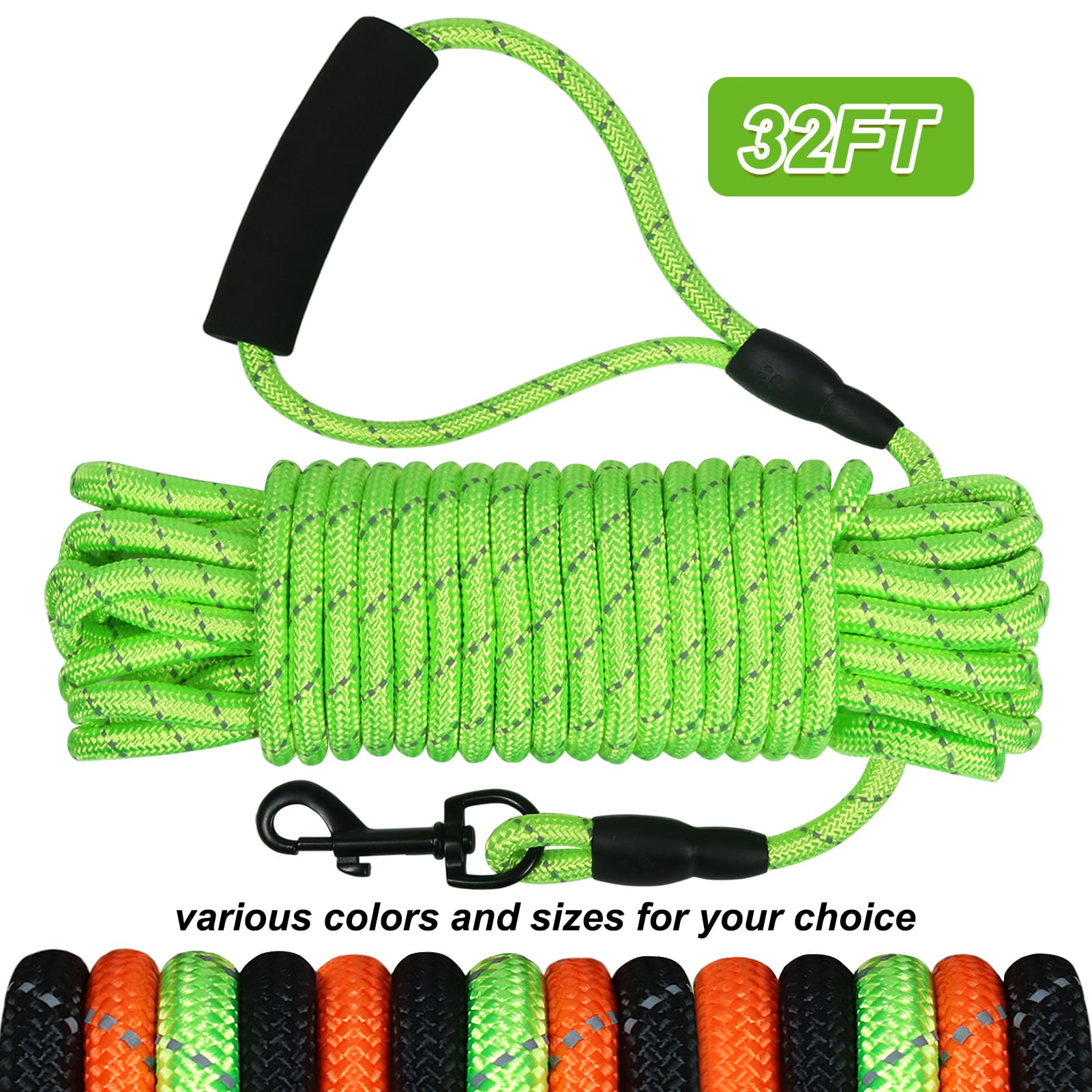 Vivifying Long Leash for Dogs Outside, 32ft Reflective Dog Training Leash for Camping and Hiking, Floating Long Rope Lead with Soft Handle for Swimming and Beach (Green) Can See in The Dark