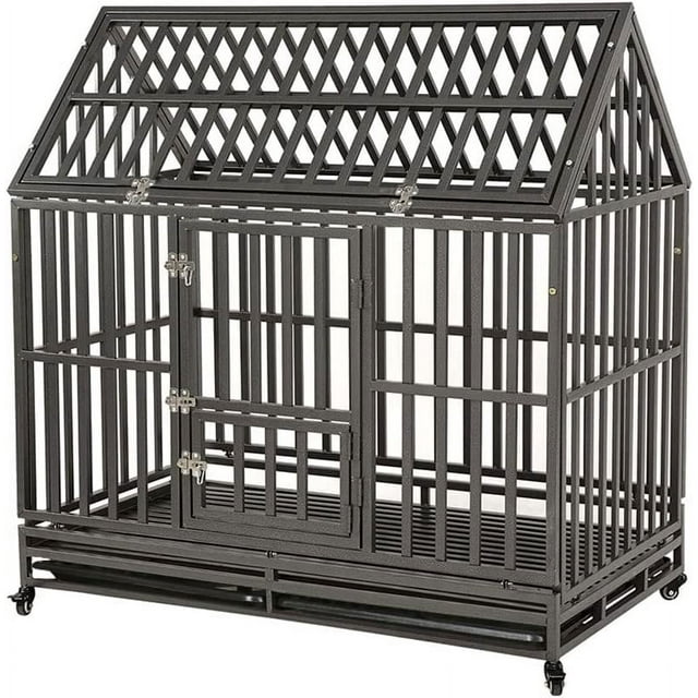 Vivifying Metal Dog Kennel Cage Crate with 4 Universal Wheels, Openable Pointed Top and Front Door, Black