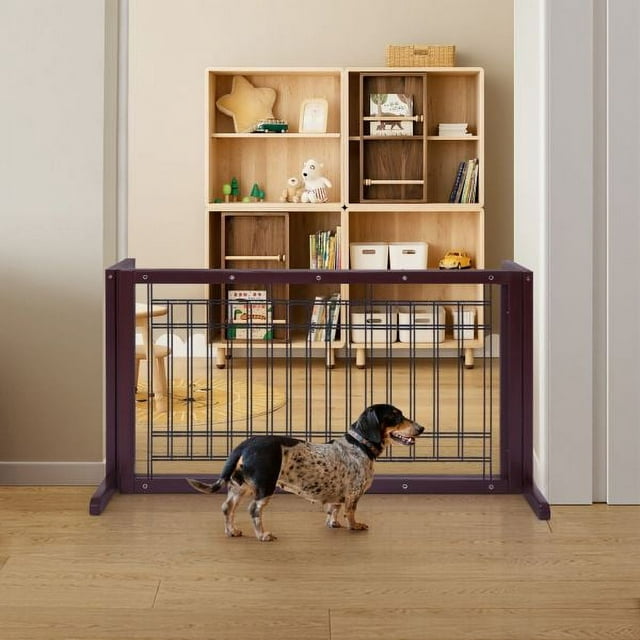 Vivifying Pet Gate Foldable Free-Standing Wooden Pet Gate- Light Weight, Indoor Barrier for Small Dogs / Cats - 40-71 Inch, Dark Brown, Step Over Doorway Fence Brown
