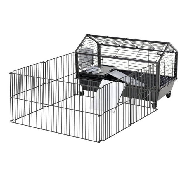 Vivifying Small Animal Playpen Cage w/ Rolling Caster, Water Bottle, 35" L