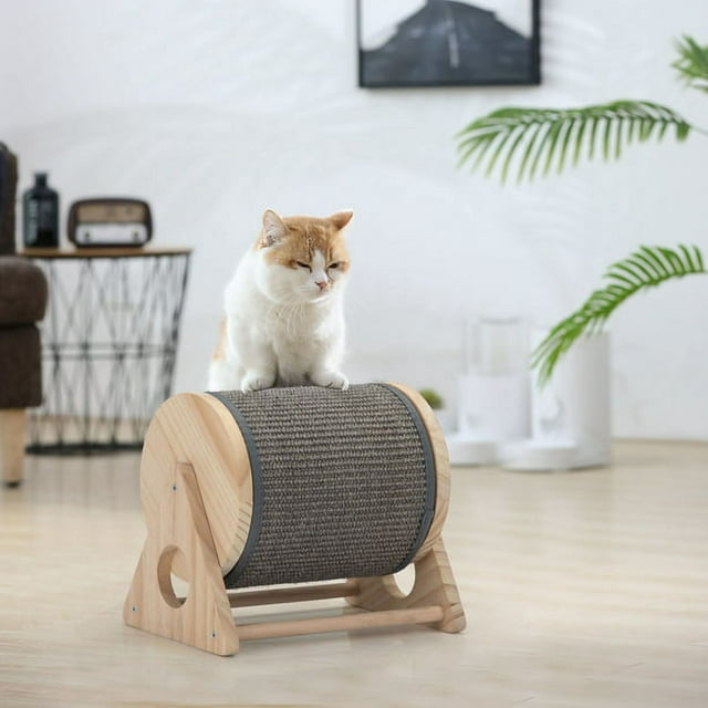 Vivifying Wooden Cat Scratching Post, 360-Degree Rotating Cat Scratcher Toy with Bells for Indoor Cats and Kittens, Natural