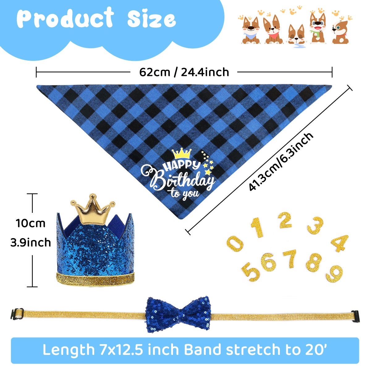 Dog Birthday Bandana Set, Doggie Birthday Party Supplies Decorations (11-Piece Set) with Cute Dog Bow Tie, Crown Hat with Numbers for Small Medium Large Dogs, Blue Dog Birthday Outfit (Blue)