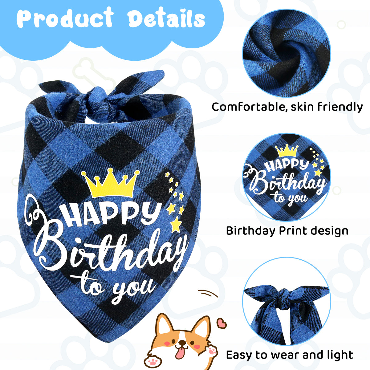 Dog Birthday Bandana Set, Doggie Birthday Party Supplies Decorations (11-Piece Set) with Cute Dog Bow Tie, Crown Hat with Numbers for Small Medium Large Dogs, Blue Dog Birthday Outfit (Blue)