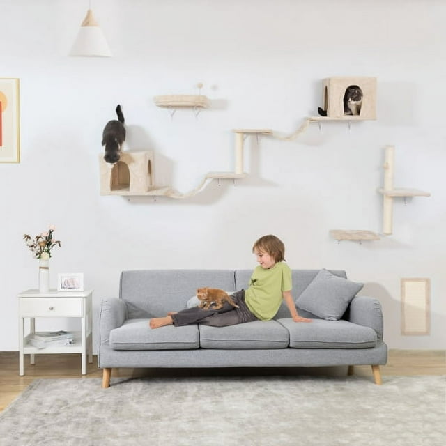 Wall-mounted Cat Tree, Cat Furniture with 2 Cat Condos House, 3 Cat Wall Shelves, 2 Ladder, 1 Cat Perch, Sisal Cat Scratching Posts and Pad