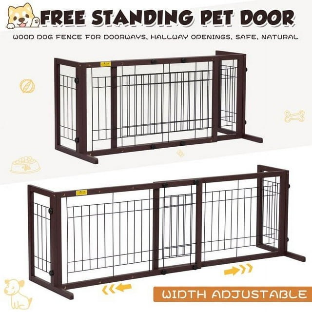 Vivifying Pet Gate Foldable Free-Standing Wooden Pet Gate- Light Weight, Indoor Barrier for Small Dogs / Cats - 40-71 Inch, Dark Brown, Step Over Doorway Fence Brown