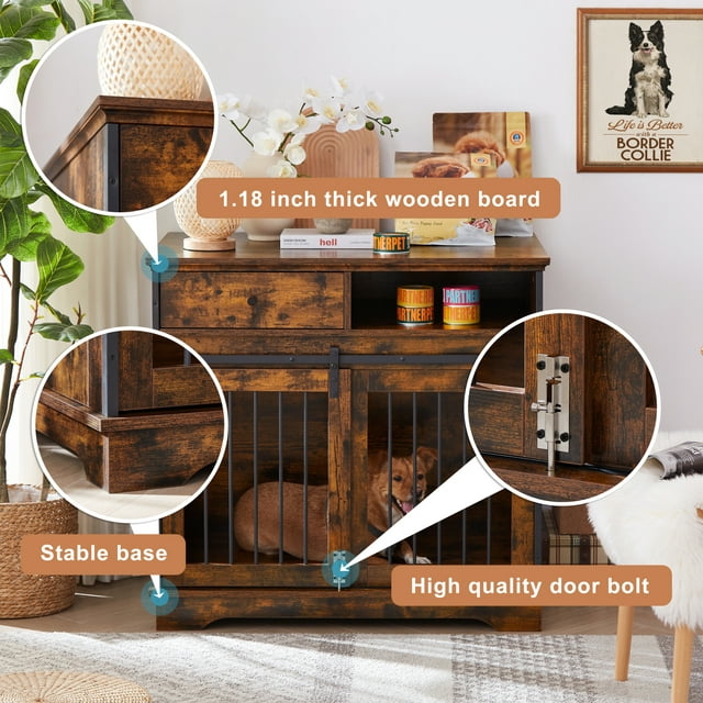 Vivifying Dog Crate Furniture,Modern Sliding Door Kennel for Small Medium Large Dogs up to 70 lb, Heavy-Duty Flip Top Dog Cage with Wheel, Double-Door Dog House