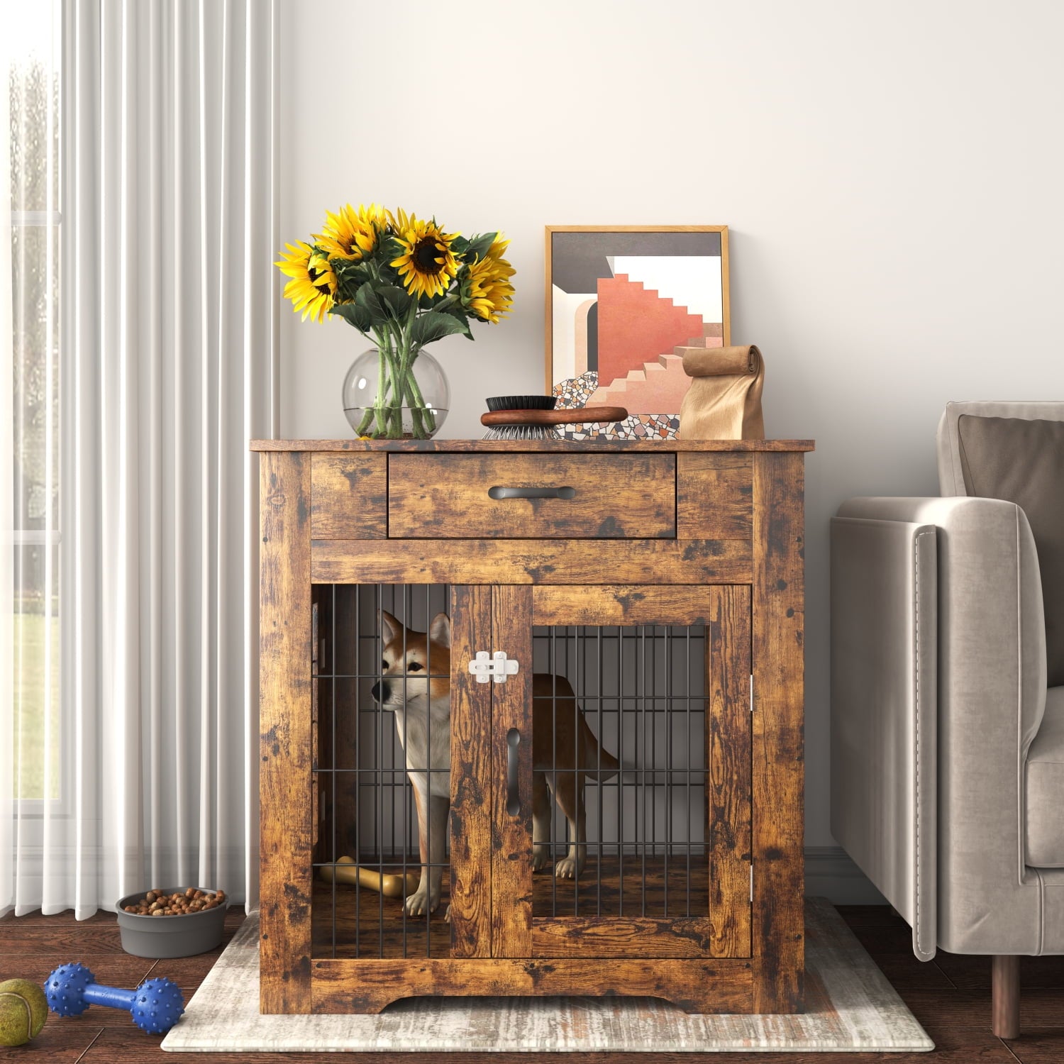 Vivifying Dog Crate End Table with Drawer, Pet Kennels with Double Doors , Furniture for Dogs Dog House Indoor Use, （Rustic Brown，29.92”w x 24.80”d x 30.71”h）