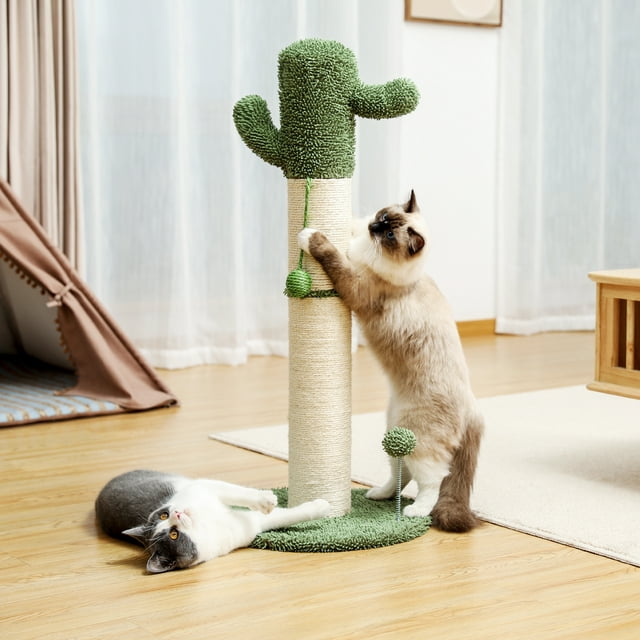 Vivifying Indoor Cactus Cat Scratcher 33.5" –Cactus style Natural Sisal Large Cat Tree Post with Teaser Ball Cat Toy, White&Green