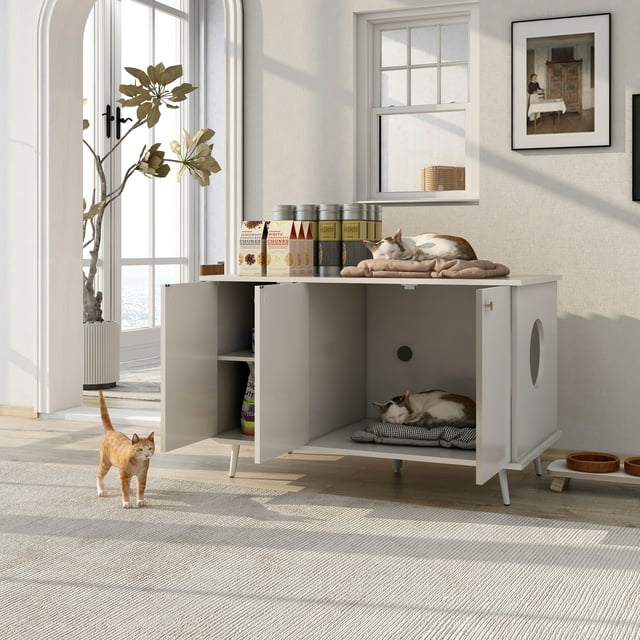 Vivifying Litter Box Enclosure, Cat Litter Box Furniture with Hidden Plug, 3 Doors,Indoor Cat Washroom Storage Bench Side Table Cat House, Large Wooden Enclused Litter Box House, Black and Walnut