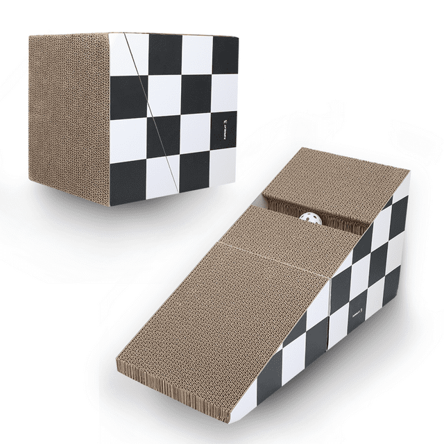Vivifying Cat Scratching Board with Ball, Triangle Cat Scratching Cardboard, Multiple Scratching Angles, 2-in-1 Scratching Lounge Bed, Recyclable and Durable, Furniture Protector, Black and White