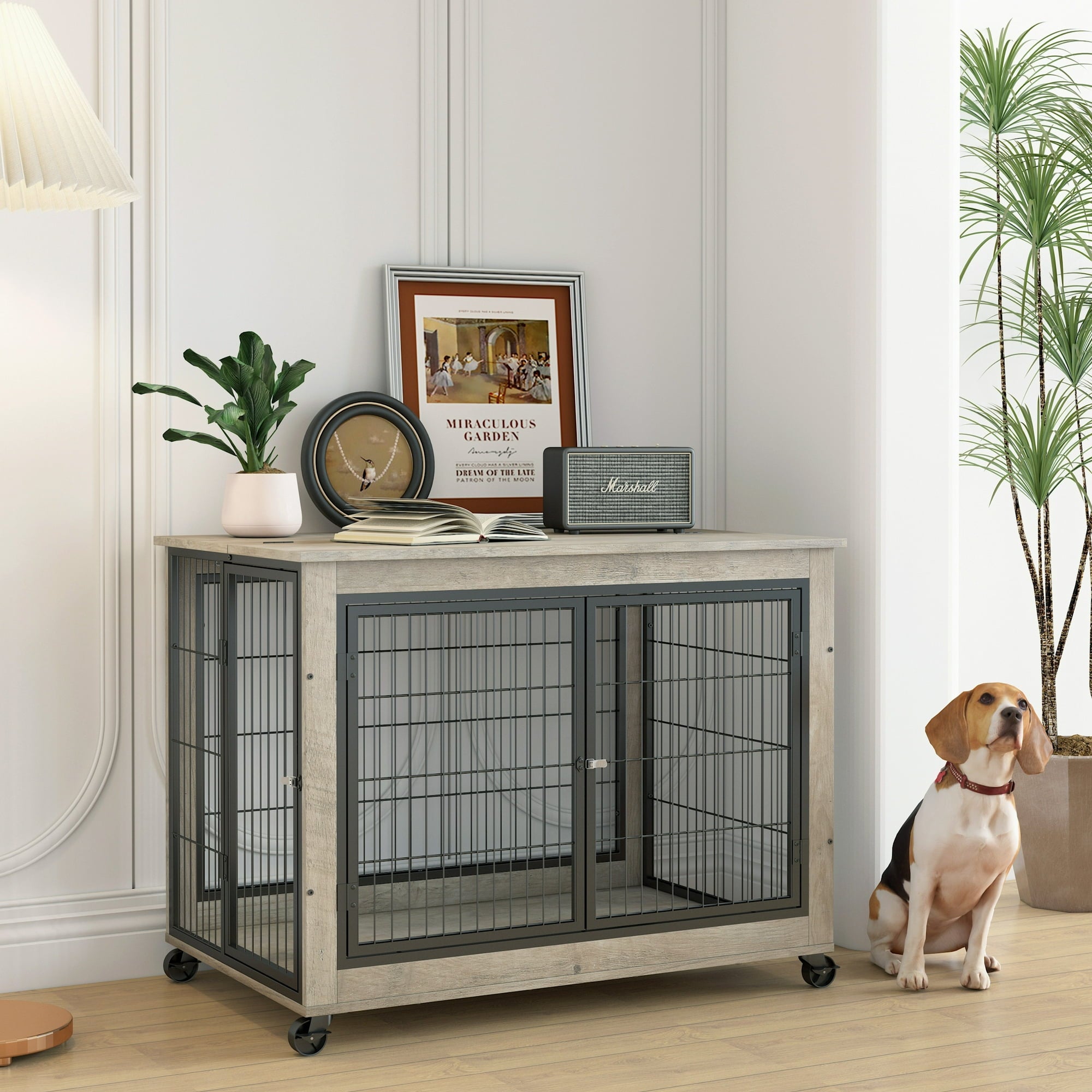 Vivifying Furniture Style Dog Crate Side Table on Wheels with Double Doors and Lift Top.（Grey,38.58’’w x 25.5’’d x 27.36’’h）
