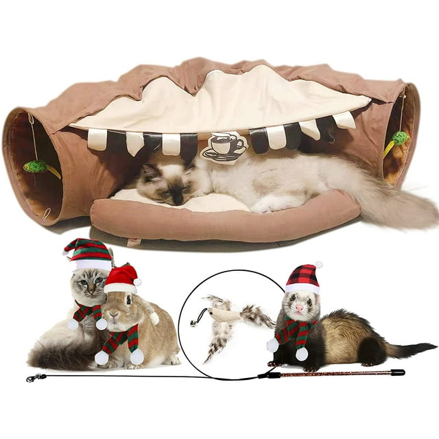 Vivifying Cat Tunnel Bed, 2-in-1 Collapsible Cat Tunnel Tubes Toys with Removable Mat for Pet Cats Kittens Puppies Rabbits Bunnies Ferrets (Coffee)