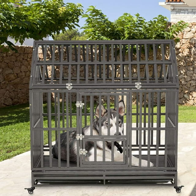 Vivifying Metal Dog Kennel Cage Crate with 4 Universal Wheels, Openable Pointed Top and Front Door, Black