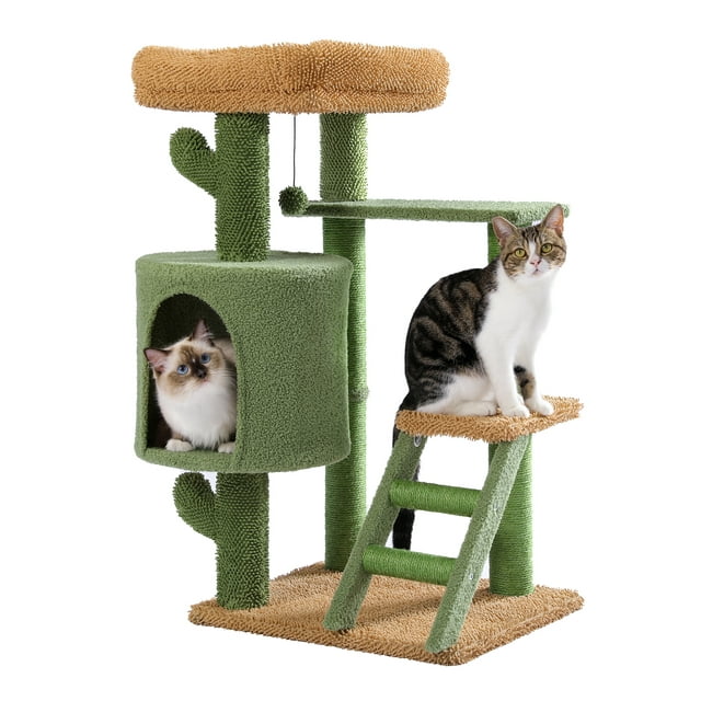 Vivifying Cat Tree Cactus Cat Tower with Sisal Scratching Post for Indoor Cats, Cozy Condo with Ladder, Plush Perches and Dangling Ball, Cat Furniture for Kittens Adult Cats