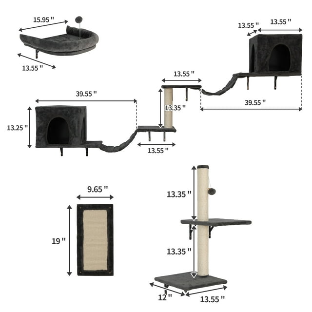 Vivifying Wall-mounted Cat Tree, Cat Furniture with 2 Cat Condos House, 3 Cat Wall Shelves, 2 Ladder, 1 Cat Perch, Sisal Cat Scratching Posts and Pad