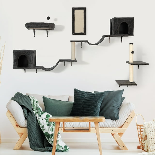 Vivifying Wall-mounted Cat Tree, Cat Furniture with 2 Cat Condos House, 3 Cat Wall Shelves, 2 Ladder, 1 Cat Perch, Sisal Cat Scratching Posts and Pad