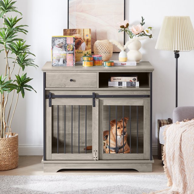 Vivifying Dog Crate Furniture with Sliding Door, Dog Kennel Indoor with Partition for Two Puppies, Dog Cage with Flip-up Top and Wheels, Chew-Resistant Wooden Double Dog Crate