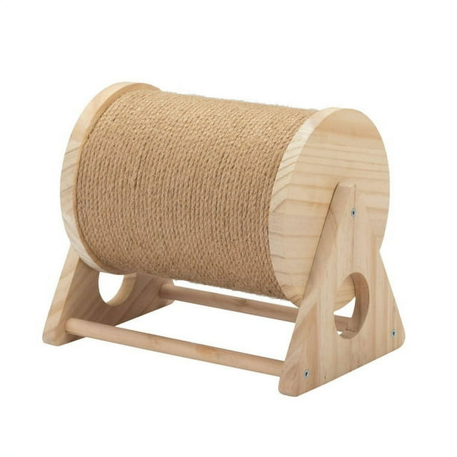 Vivifying Wooden Cat Scratching Post, 360-Degree Rotating Cat Scratcher Toy with Bells for Indoor Cats and Kittens, Natural