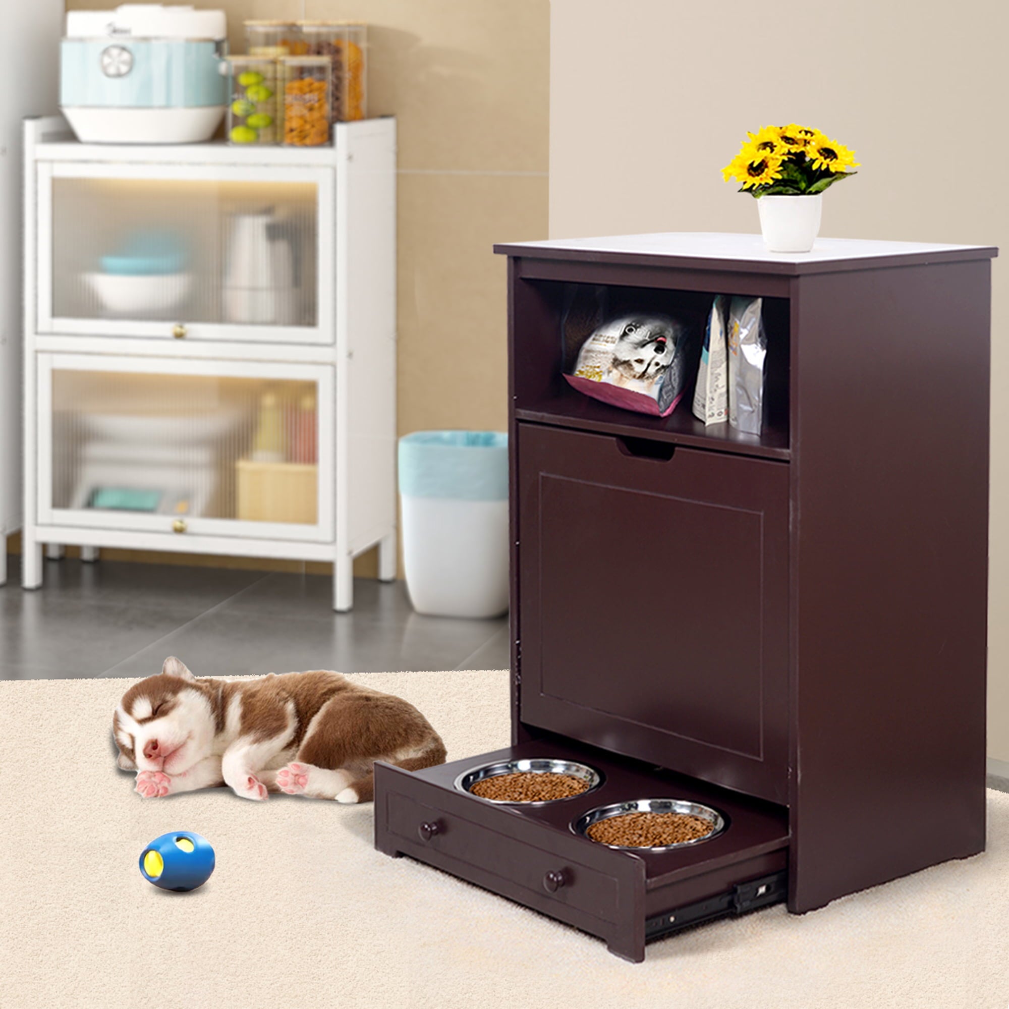 Vivifying Pet Feeder Station with Storage,Made of MDF and Waterproof Painted,Dog and Cat Feeder Cabinet with Stainless Bowl