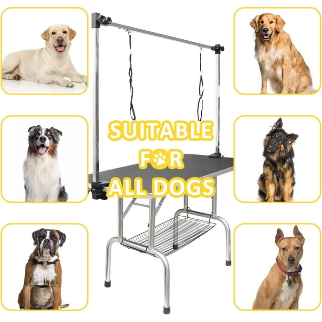 Vivifying 30 INCH Pet Grooming Table Stainless Legs and Arms Black Rubber Top Storage Basket