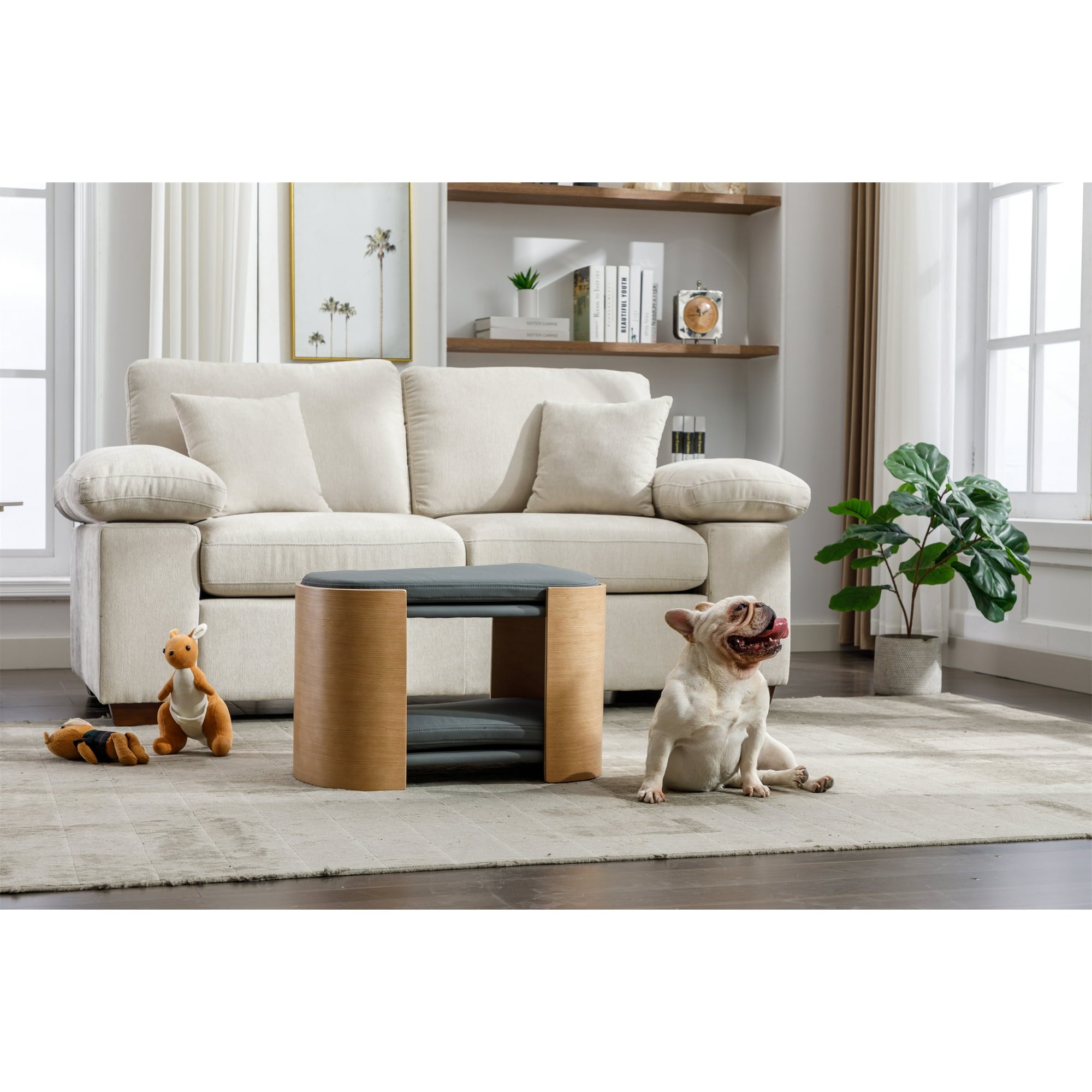 Vivifying Cat Bed Pet Sofa With Solid Wood legs and Bent Wood Back, Cat Scratch Resistant PU Cushion,Mid Size,Dark Grey