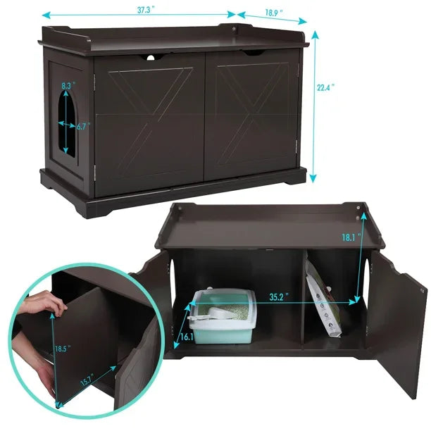 Vivifying Cat Washroom Bench, Wood Litter Box Cover with Spacious Inner, Ventilated Holes, Removable Partition, Easy Access,Chocolate Brown