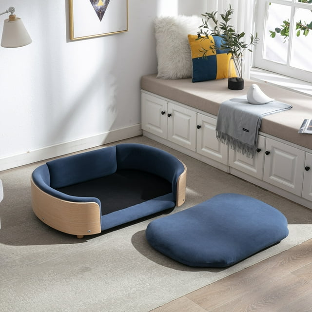 Vivifying Dog Bed Pet Sofa With Solid Wood legs and Bent Wood Back, Velvet Cushion,Large Size