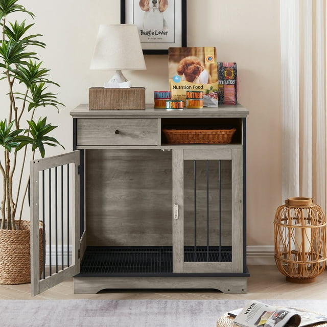 Vivifying Dog crates, indoor pet crate end tables, decorative wooden kennels with removable trays.(Grey,32.28’’W*22.83’’D*33.46’’H)
