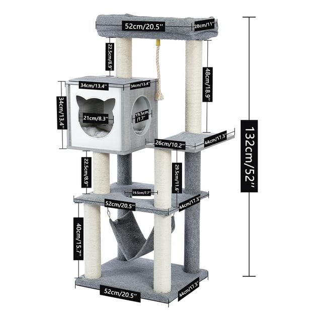 Vivifying Cat Tree for Indoor Cats 52Inches - Multi-Level Modern Wooden Cat Tower with Hammock and Scratching Posts and Cat Condo for Adult Cats