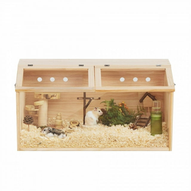 Middle Transparent Wooden Hamster Cage 15.83H, Small Animal Habitat Hutch for Large Siberian Hamster,Gerbils,Little Rabbits, Pine + Acrylic